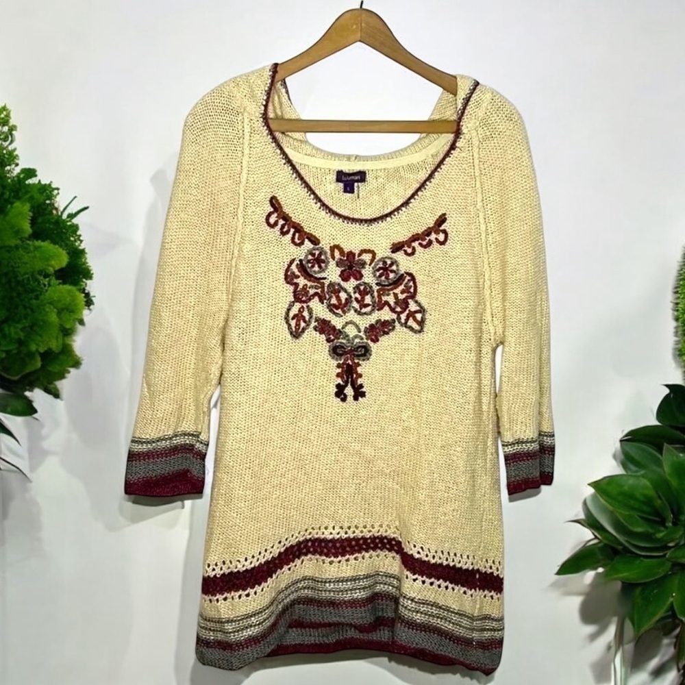 Anthropologie Lulumari Embroidered Hooded Sweater Tunic L Boho Knit